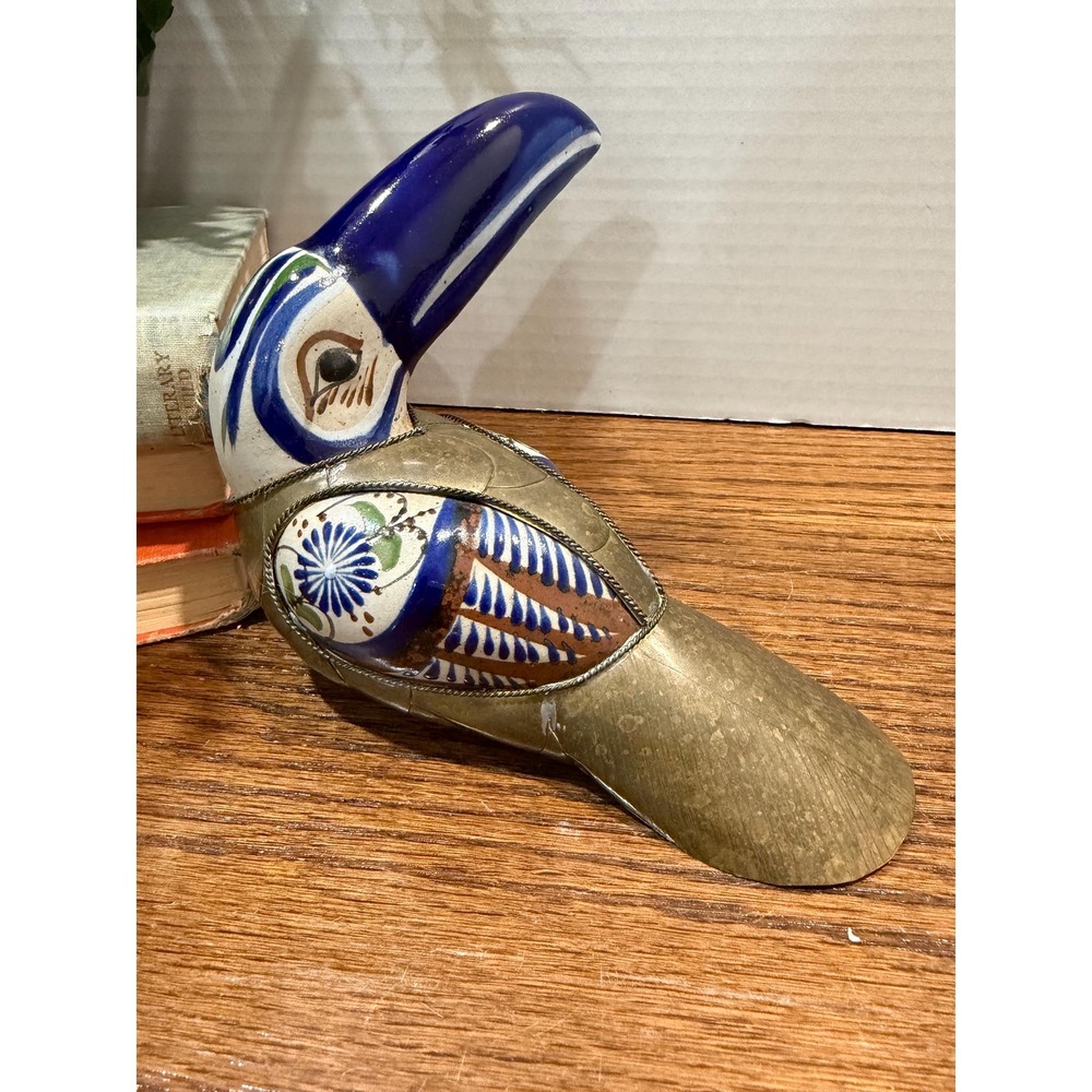 Vintage Tonala Toucan Figurine Hand Painted Ceramic Brass Mexican Folk Art